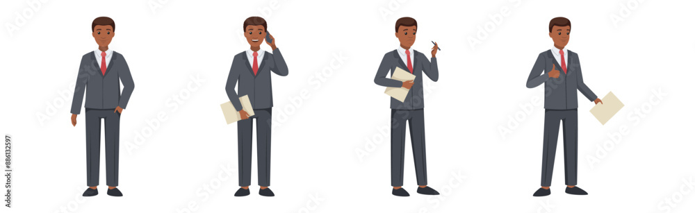 Office Man Character in Suit and Red Tie in Different Pose Vector Set Office Man Character in Suit and Red Tie in Different Pose Vector Set