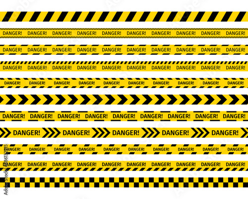 Danger police road sign. Set of warning bands for work zones. Do not cross ribbons. Caution barrier tapes for danger places. Seamless striped boundary lines under construction. Vector illustration.