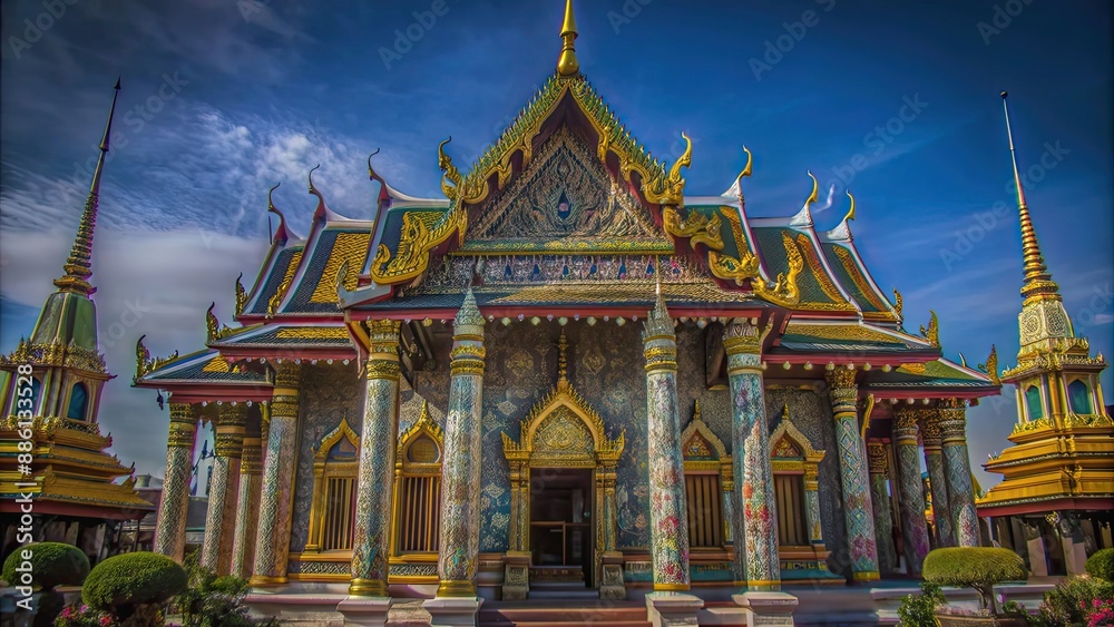 Naklejka premium Ornate and colorful temple in Thailand , Buddhism, architecture, religious, traditional, Thai, culture, tourism, travel