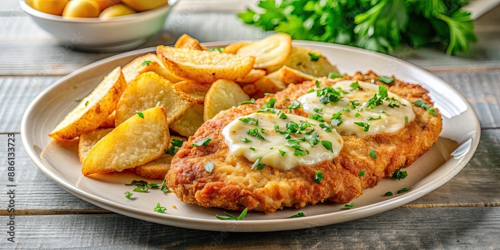 Close-up of a delicious plate of parmegiana chicken and crispy potato chips, food, meal, dinner, lunch, poultry, parmesan Close-up of a delicious plate of parmegiana chicken and crispy potato chips, food, meal, dinner, lunch, poultry, parmesan