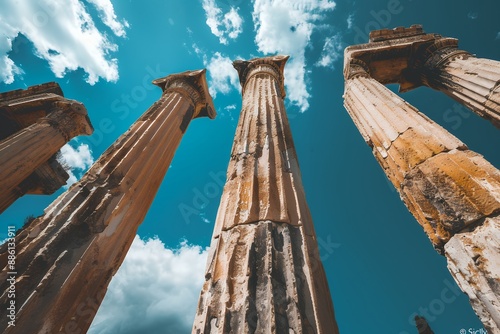 Photo of Ancient Greek columns against the blue sky in coast, classical architecture concept, A secret temple to sculpture and art is hidden behind these ancient pillars inboard a place called 