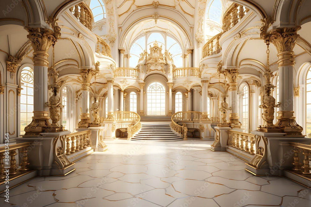 Interior of a palace with columns and a golden staircase. 3D rendering Interior of a palace with columns and a golden staircase. 3D rendering