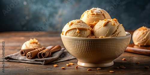 Delicious butterscotch ice cream in a bowl on background, butterscotch, ice cream, dessert, sweet, creamy, treat, indulgence