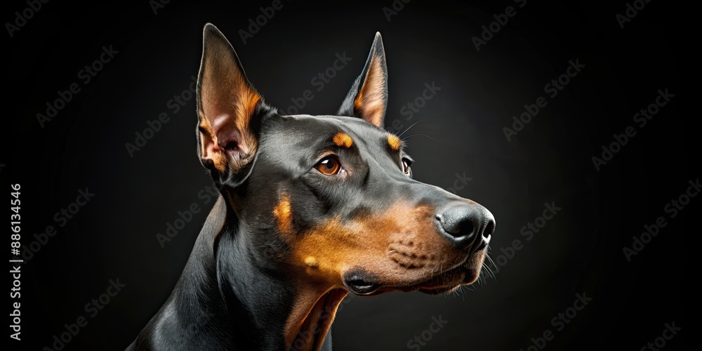 Close-up image of a Doberman head staring at the camera on a black background, Doberman, head, close-up, eyes, brown, ears, nose Close-up image of a Doberman head staring at the camera on a black background, Doberman, head, close-up, eyes, brown, ears, nose
