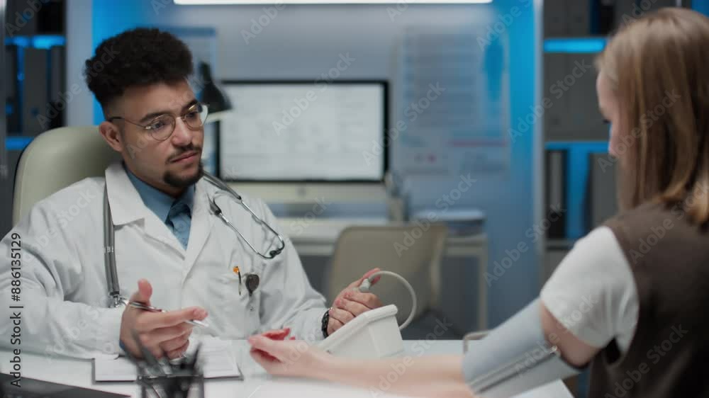 Medium pan shot of young positive bearded physician in glasses and lab coat with stethoscope over neck taking female patients blood pressure using tonometer in modern hospital Medium pan shot of young positive bearded physician in glasses and lab coat with stethoscope over neck taking female patients blood pressure using tonometer in modern hospital
