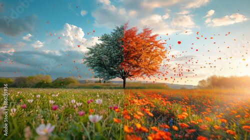 Professional photography split to show contrasting seasons: one half lush green spring landscape with blooming flowers, the other half autumn scene with colorful falling leaves.

