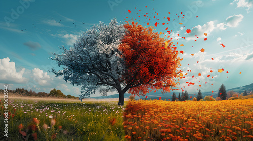 Photography split between spring and autumn landscapes, showcasing blooming flowers and colorful leaves to highlight seasonal transitions.

