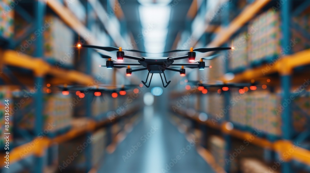 Drone flying through a modern warehouse with shelves full of boxes, showcasing advanced technology in inventory management and logistics. Drone flying through a modern warehouse with shelves full of boxes, showcasing advanced technology in inventory management and logistics.