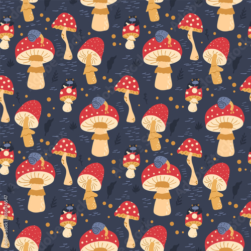 Inedible mushrooms seamless pattern. Fly agaric repeat background. Vector hand drawn illustration.