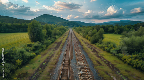 Expansive view of railway tracks across meadows, forests, mountains, and plains, symbolizing human journeys, transport, and exploration.