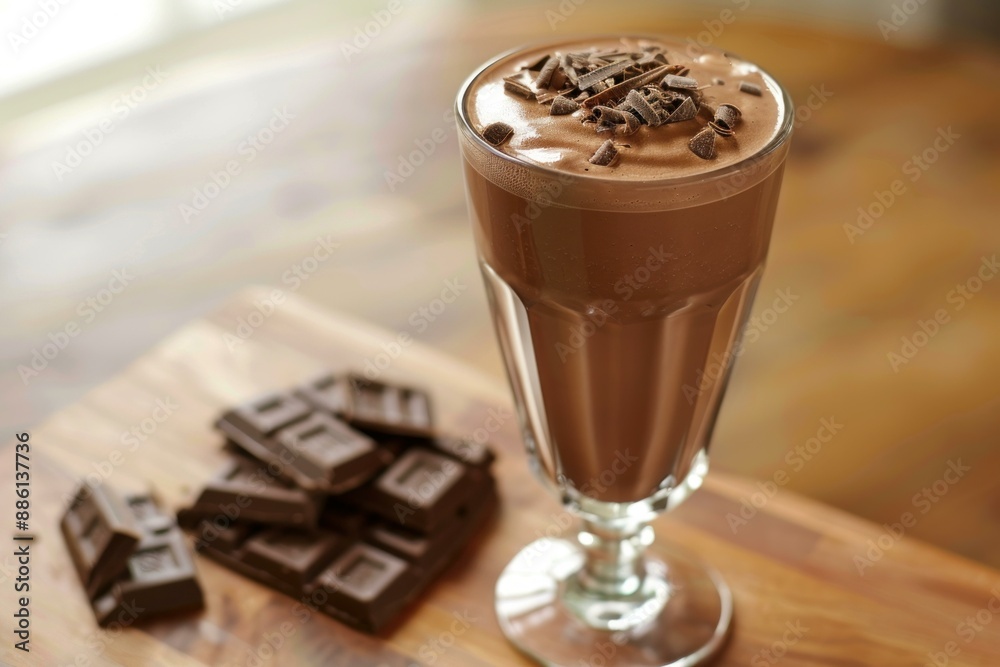 Chocolate milkshake topped with chocolate shavings is sitting on wooden table next to pile of chocolate bars Chocolate milkshake topped with chocolate shavings is sitting on wooden table next to pile of chocolate bars