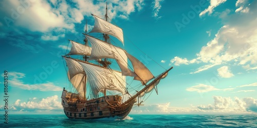 A pirate ship sailing on the ocean with sails billowing in the wind. It is set against the background of a blue sky and turquoise sea waves. A vintage ship concept.