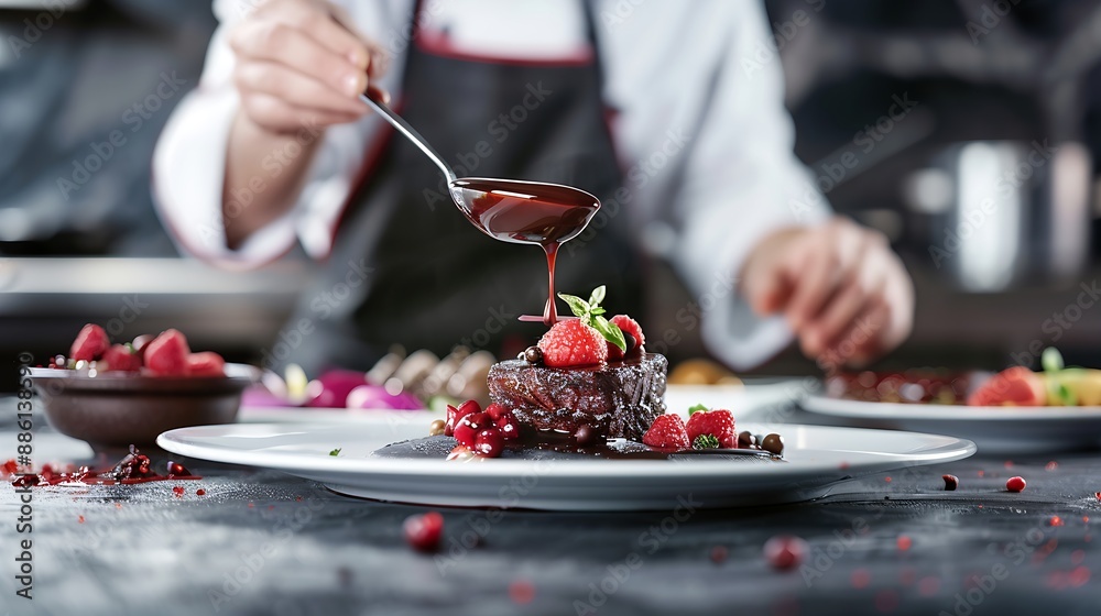 Chef plating gourmet dish, drizzling sauce, professional kitchen, artistic food presentation Chef plating gourmet dish, drizzling sauce, professional kitchen, artistic food presentation
