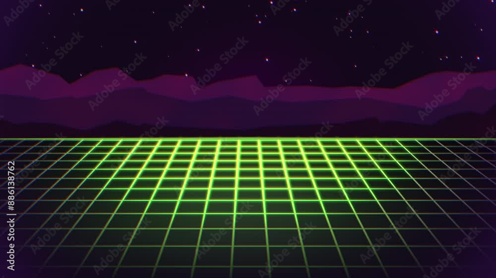 A retro 80s computer screen with a grid pattern, set against a ...