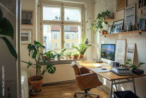 a home office with a desk, computer, and plants © Kevin