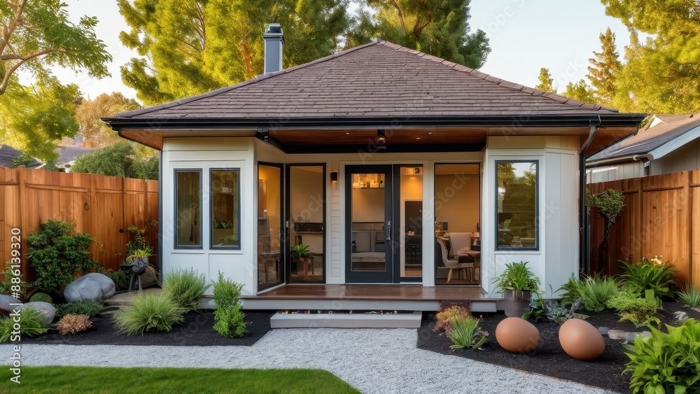 Modern Home with Landscaped Backyard. Modern Home with Landscaped Backyard.