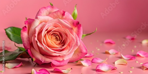 Delicate Pink Rose: A single pink rose with delicate petals blooms beautifully against a soft pink background. Scattered petals create a romantic and feminine touch, perfect for expressing love.