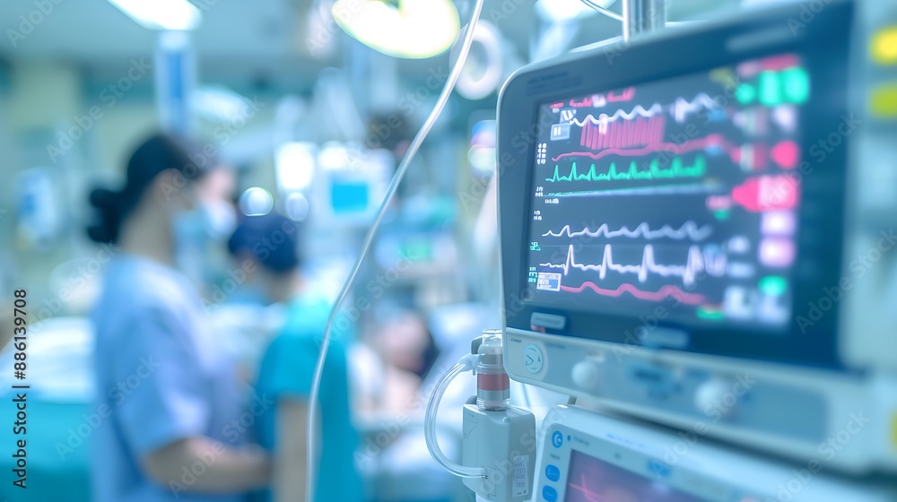 Blurry hospital scene with medical equipment, nurses attending to patient, cool blue tones Blurry hospital scene with medical equipment, nurses attending to patient, cool blue tones