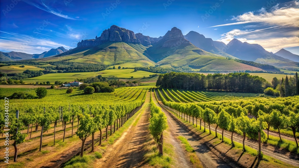 Fototapeta premium A scenic wine vineyard in Stellenbosch, Cape Town on a sunny day , wine, vineyard, Stellenbosch, Cape Town, sunny