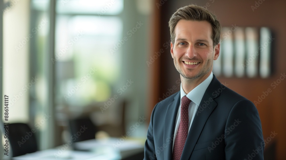 Professional Male Banker in Formal Suit Smiling Confidently with Financial Documents on Office Table, Reflecting Expertise in the Banking Sector Professional Male Banker in Formal Suit Smiling Confidently with Financial Documents on Office Table, Reflecting Expertise in the Banking Sector