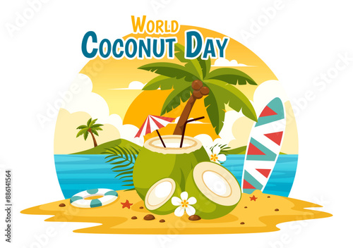 World Coconut Day Vector Illustration on September 2nd featuring Flowers, Tropical Leaves, and a Beach Background in Flat Style Cartoon Design