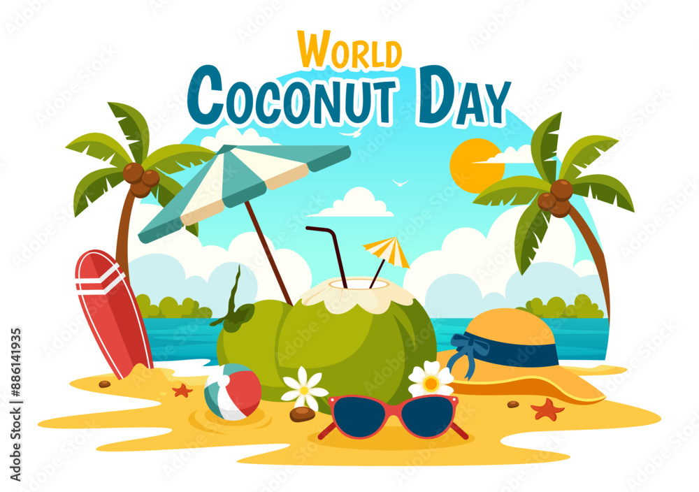 Obraz premium World Coconut Day Vector Illustration on September 2nd featuring Flowers, Tropical Leaves, and a Beach Background in Flat Style Cartoon Design