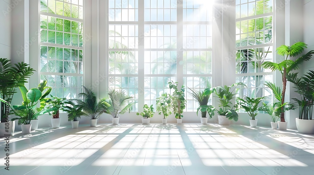 Tropical Plant Filled Room with Large Windows and Sunbeams Illustration Tropical Plant Filled Room with Large Windows and Sunbeams Illustration