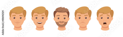 Handsome Man Character Demonstrating Emotion Vector Illustration Set