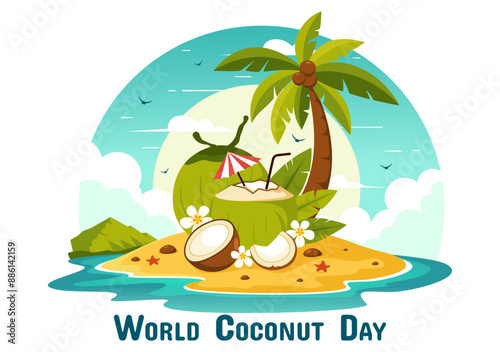 World Coconut Day Vector Illustration on September 2nd featuring Flowers, Tropical Leaves, and a Beach Background in Flat Style Cartoon Design