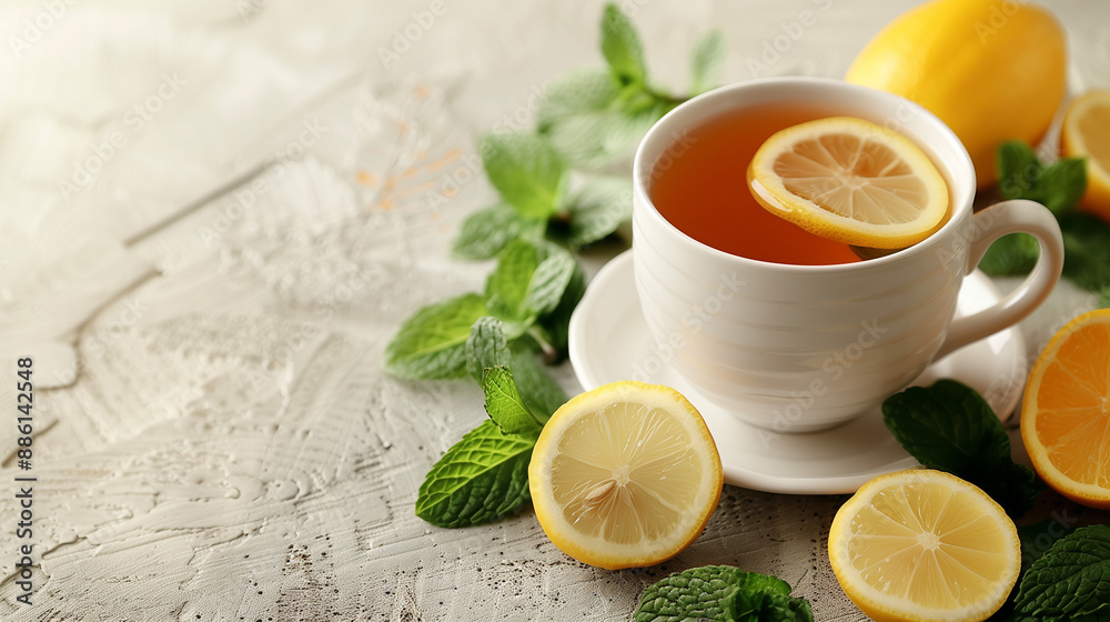 White mug filled with herbal tea, mint, and lemon on a bright wooden background.
White mug filled with herbal tea, mint, and lemon on a bright wooden background.