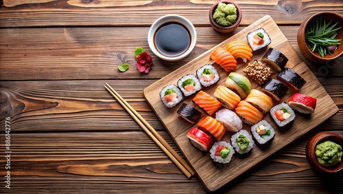 Japanese sushi arranged beautifully on a wooden table , sushi, Japanese cuisine, food, raw fish, rice, rolls, nigiri