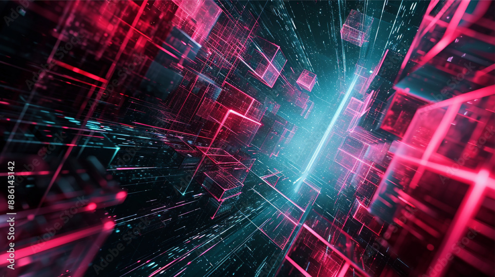 Fototapeta premium An abstract background with lights. Neon purple squares background. Futuristic grey and purple digital background. Glowing cubicles in grey and pink colors.