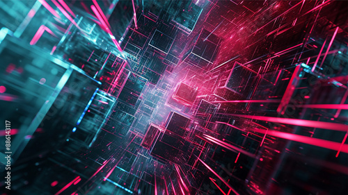 An abstract background with lights. Neon purple squares background. Futuristic grey and purple digital background. Glowing cubicles in grey and pink colors.