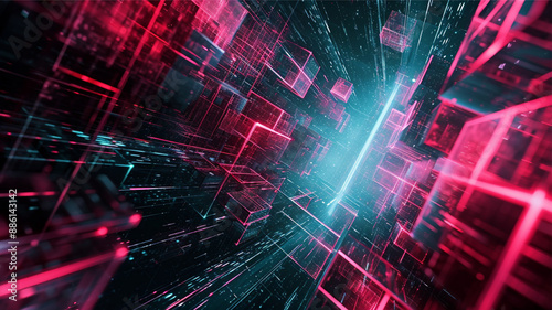 An abstract background with lights. Neon purple squares background. Futuristic grey and purple digital background. Glowing cubicles in grey and pink colors.