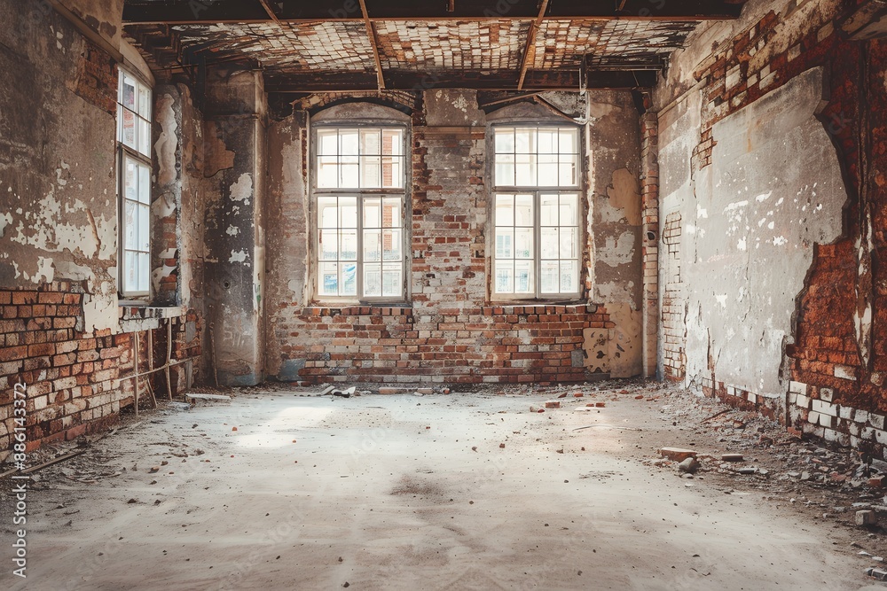 Empty room of an old abandoned building with brick walls and concrete floor, destroyed interior of the ruins or structure in countryside village. , stock photo 2/3 place for text Empty room of an old abandoned building with brick walls and concrete floor, destroyed interior of the ruins or structure in countryside village. , stock photo 2/3 place for text