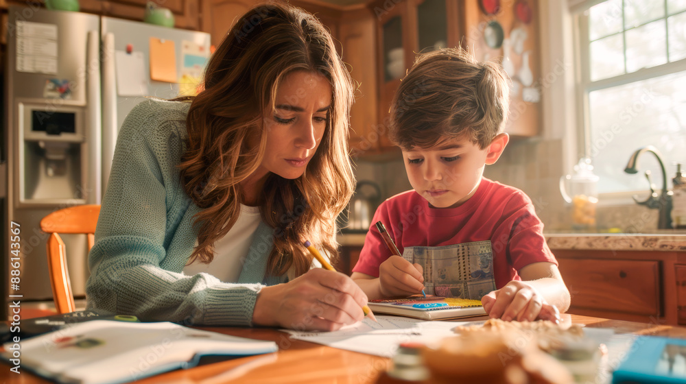 Fototapeta premium Mother Helping Young Son with Homework at Kitchen Table