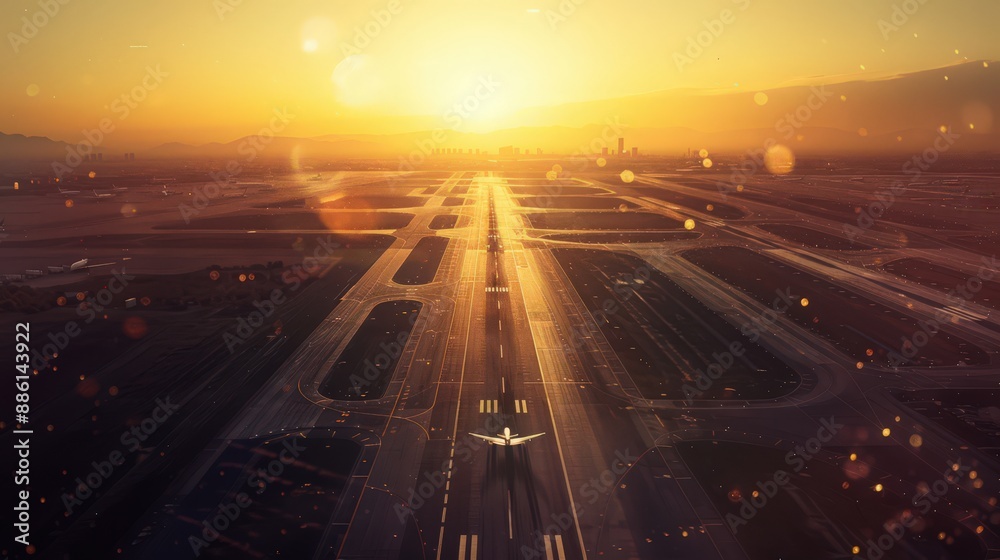 Capture an aerial view of an airport with a lens flare effect, adding a dynamic and lively atmosphere Capture an aerial view of an airport with a lens flare effect, adding a dynamic and lively atmosphere