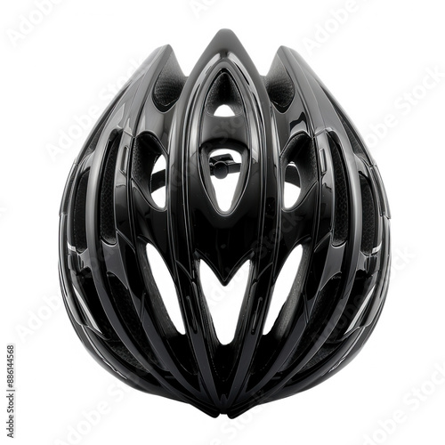 Top view of a sleek black cycling helmet with aerodynamic design, featuring multiple ventilation holes for enhanced airflow and comfort. photo