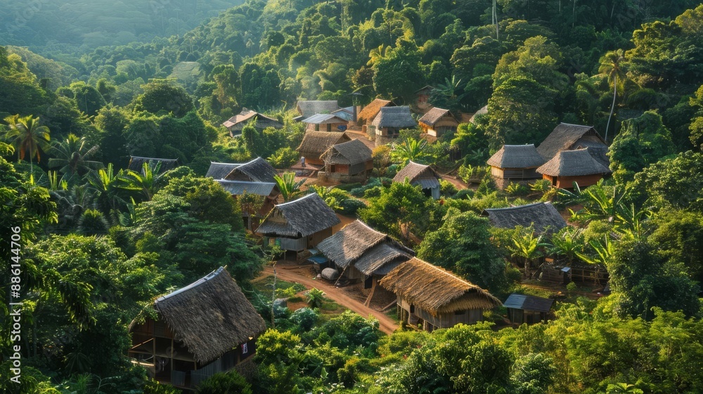 A tranquil village nestled within lush green mountains, surrounded by dense forest, with traditional thatched-roof houses and dirt roads. A tranquil village nestled within lush green mountains, surrounded by dense forest, with traditional thatched-roof houses and dirt roads.