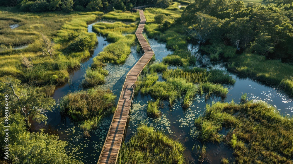 Capture an aerial view of wetlands with a boardwalk trail leading through the marsh, offering educational signage about local ecology. Capture an aerial view of wetlands with a boardwalk trail leading through the marsh, offering educational signage about local ecology.