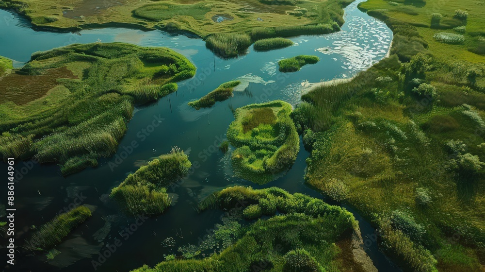 Capture an aerial view of wetlands with a time-lapse effect, showing the dynamic changes in water levels and vegetation growth throughout the year Capture an aerial view of wetlands with a time-lapse effect, showing the dynamic changes in water levels and vegetation growth throughout the year