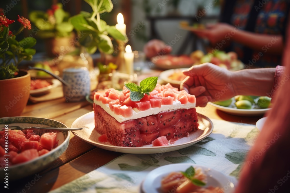 Person eating guava dessert with cheese at a family gathering Person eating guava dessert with cheese at a family gathering