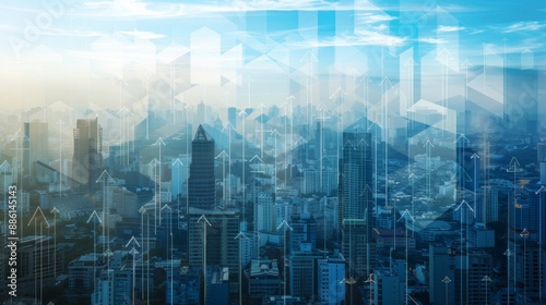 Panoramic cityscape with skyscrapers piercing through fog, a city within a city