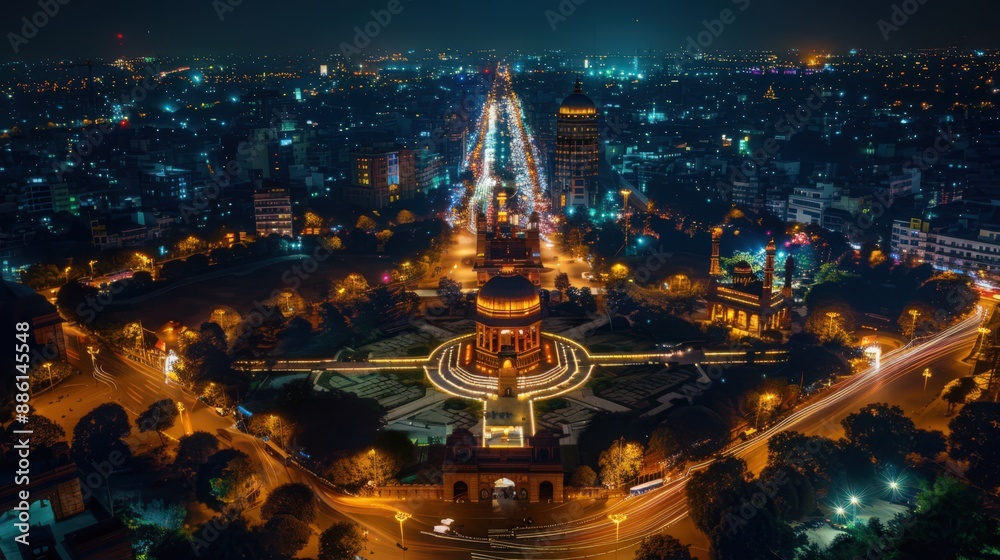 Obraz premium Capture the nighttime charm of Delhi from above, with illuminated landmarks, bustling streets, and the city's dynamic nightlife visible.