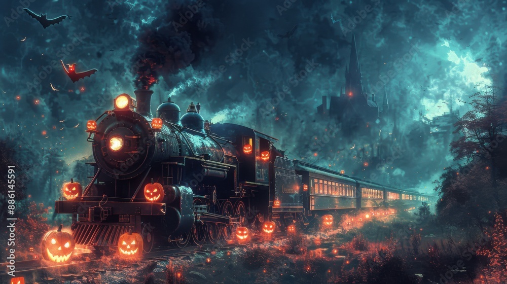 A digital painting of a Halloween-themed Wild West train robbery, with spectral outlaws boarding a ghostly train. The train is adorned with glowing jack-o'-lanterns, and the night sky is filled with A digital painting of a Halloween-themed Wild West train robbery, with spectral outlaws boarding a ghostly train. The train is adorned with glowing jack-o'-lanterns, and the night sky is filled with