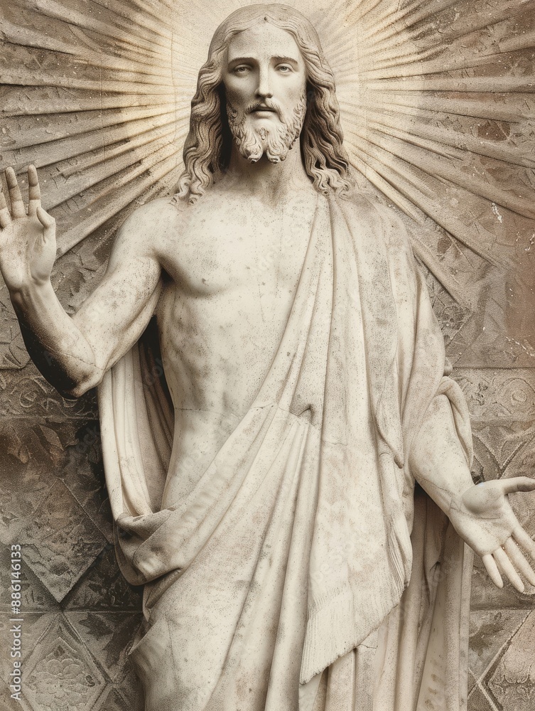 Fototapeta premium an illustration of a figurine of Jesus Christ, intricately detailed, standing on a small pedestal, with a serene expression and outstretched arms, surrounded by soft, radiant light and gentle floral p