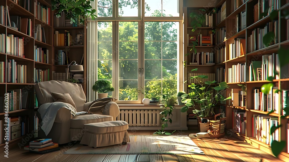 Cozy Reading Nook with Bookshelves and Window View 3D Illustration