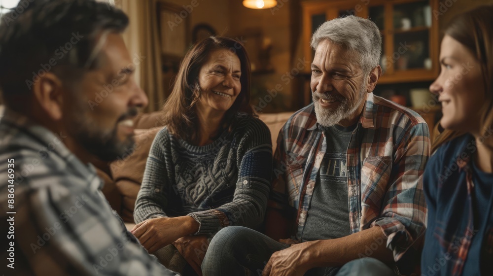 Family spending quality time together, smiling and talking in a cozy living room setting. Warm, candid moment of bonding and connection. Family spending quality time together, smiling and talking in a cozy living room setting. Warm, candid moment of bonding and connection.