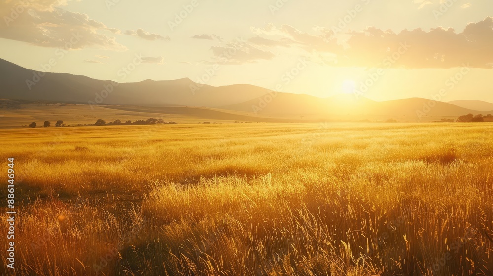 Golden field of wheat bathed in warm sunlight as the sun sets behind distant mountains, creating a serene and picturesque landscape. Golden field of wheat bathed in warm sunlight as the sun sets behind distant mountains, creating a serene and picturesque landscape.