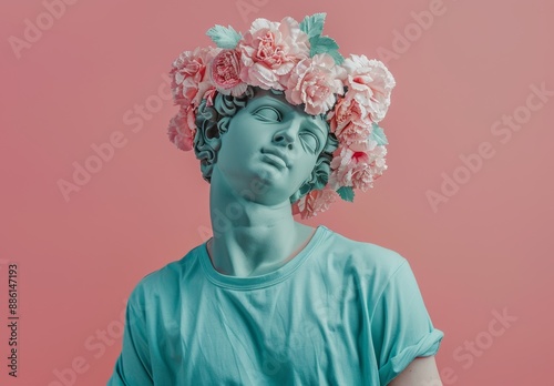 A male antique bust with a hat bouquet of carnations